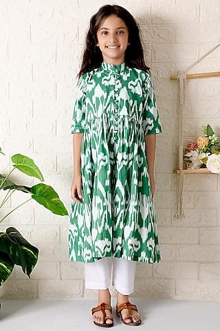 green-cotton-printed-kurta-set-for-girls