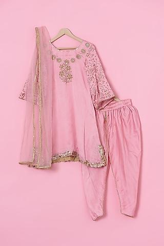 peach-cotton-satin-hand-embroidered-kurta-set-for-girls