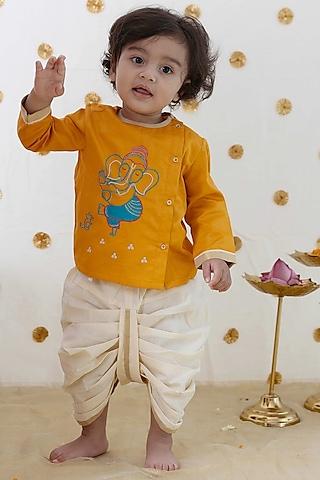 yellow-cotton-ganesha-embroidered-kurta-set-for-boys