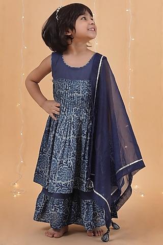 indigo-blue-cotton-slub-printed-kurta-set-for-girls