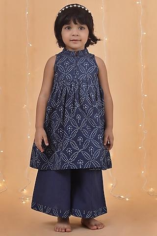 indigo-blue-cotton-slub-printed-flared-kurta-set-for-girls