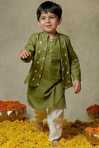 olive-green-tissue-embroidered-kurta-set-for-boys