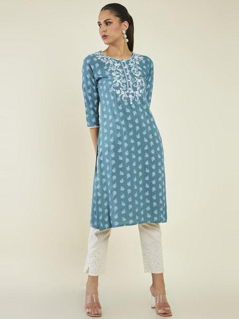 soch-teal-blue-embroidered-straight-kurta