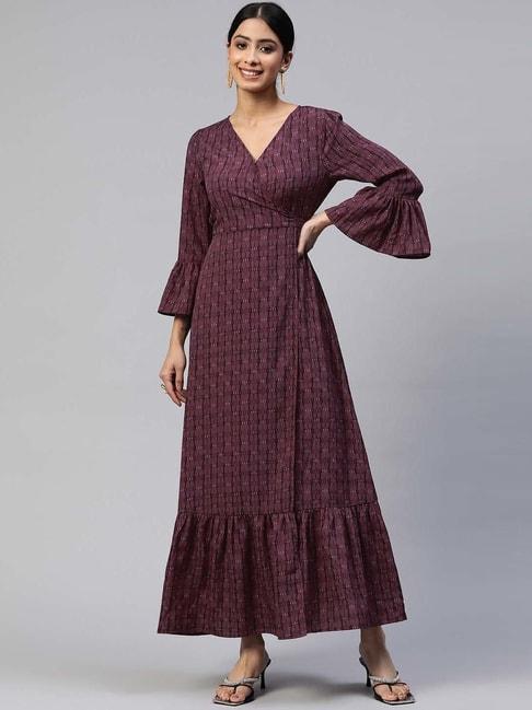 cottinfab-burgundy-printed-maxi-wrap-crepe-dress