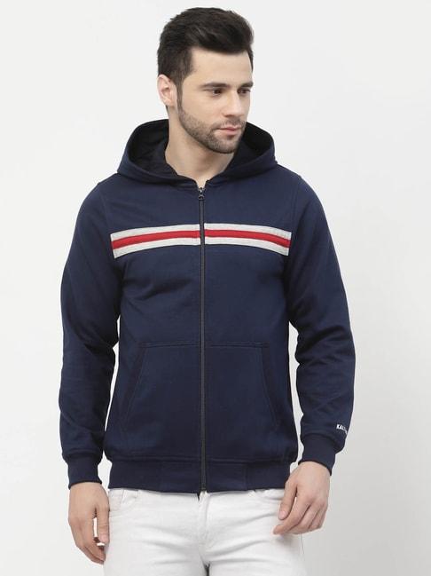 kalt-navy-regular-fit-stripes-hooded-sweatshirt