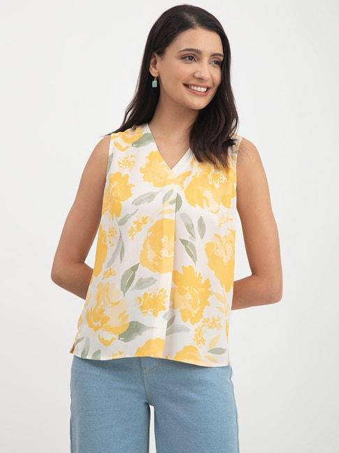 fablestreet-white-&-yellow-floral-print-top