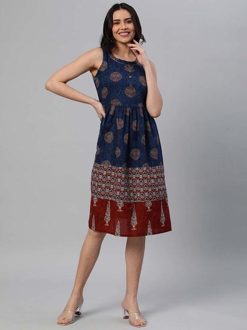 kami-kubi-blue-cotton-printed-a-line-dress