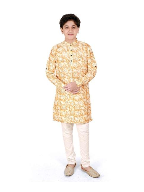 cavio-kids-yellow-&-white-printed-full-sleeves-kurta-set