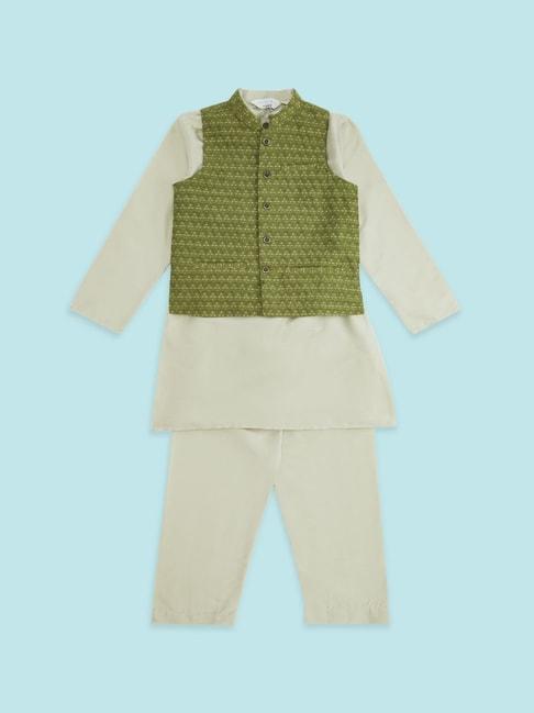 indus-route-by-pantaloons-kids-lime-green-&-white-jacquard-full-sleeves-kurta-set