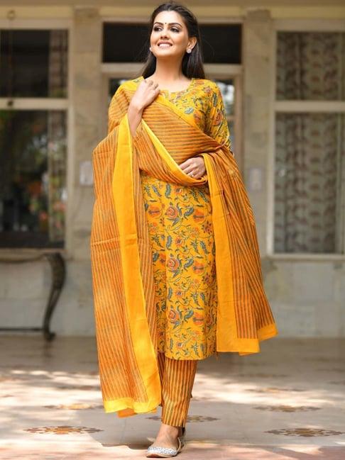 kaajh-yellow-cotton-printed-kurta-pant-set-with-dupatta