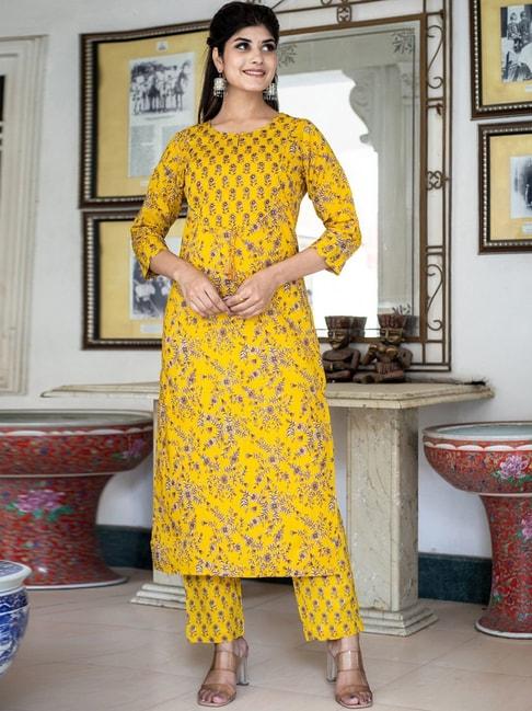 kaajh-yellow-cotton-floral-print-kurta-pant-set