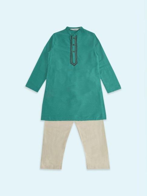 indus-route-by-pantaloons-kids-teal-blue-&-grey-embroidered-full-sleeves-kurta-set