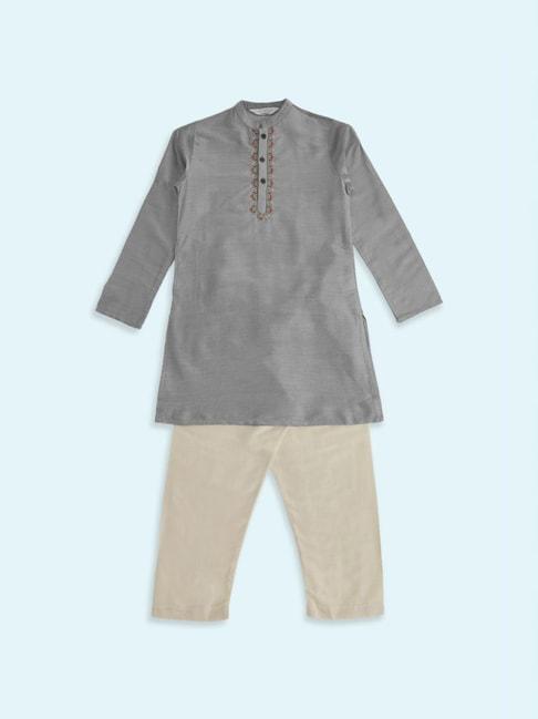 indus-route-by-pantaloons-kids-grey-&-off-white-embroidered-full-sleeves-kurta-set