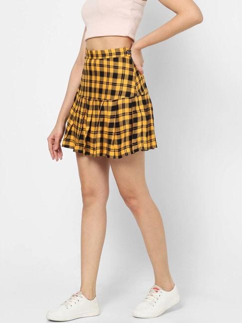 vastrado-yellow-cotton-chequered-mini-a-line-skirt