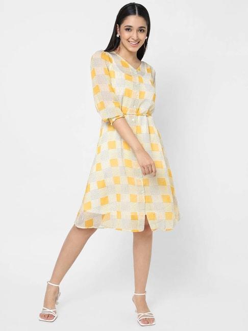 vastrado-yellow-chequered-a-line-dress