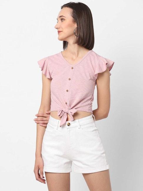 vastrado-pink-cotton-v-neck-crop-top