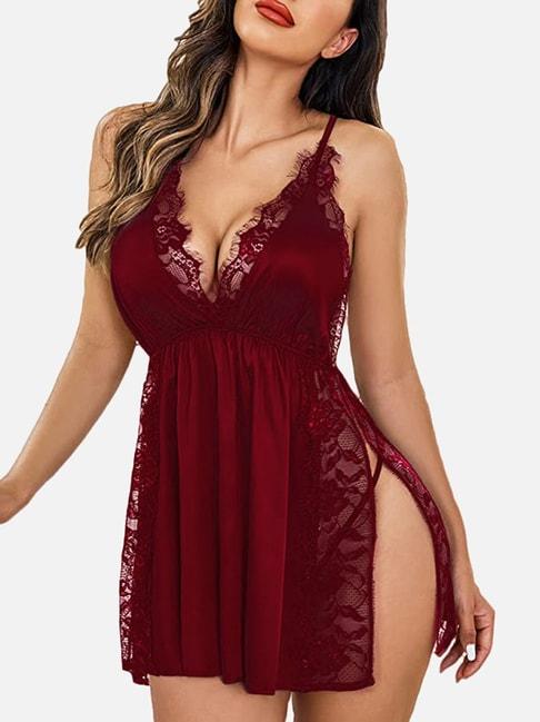 fims:-fashion-is-my-style-maroon-lace-work-babydoll-with-thong