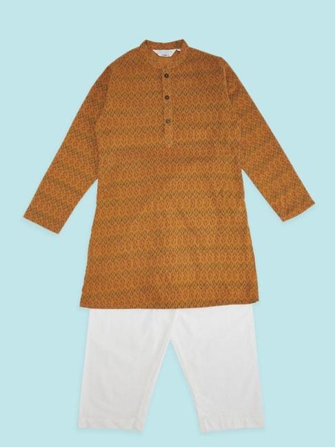 indus-route-by-pantaloons-kids-yellow-&-white-cotton-printed-full-sleeves-kurta-set