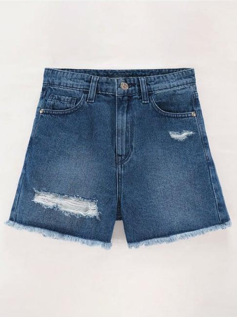 edheads-kids-blue-cotton-distressed-shorts