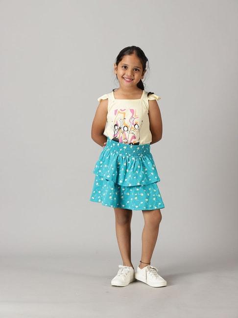 kiddopanti-kids-cream-&-turquoise-printed-top-with-skirt