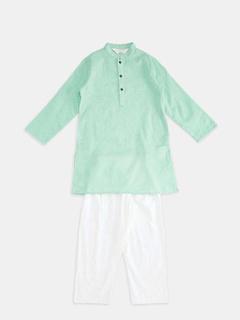 indus-route-by-pantaloons-kids-mint-green-&-white-cotton-regular-fit-full-sleeves-kurta-set