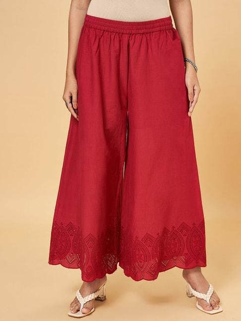 rangmanch-by-pantaloons-maroon-cotton-embroidered-palazzos