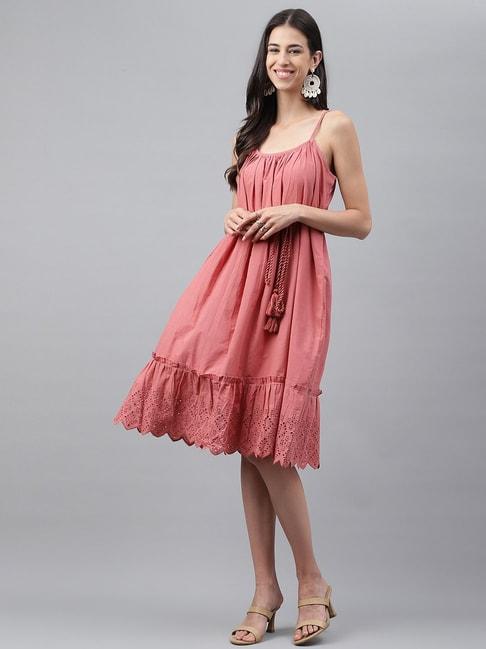 janasya-pink-self-pattern-a-line-dress