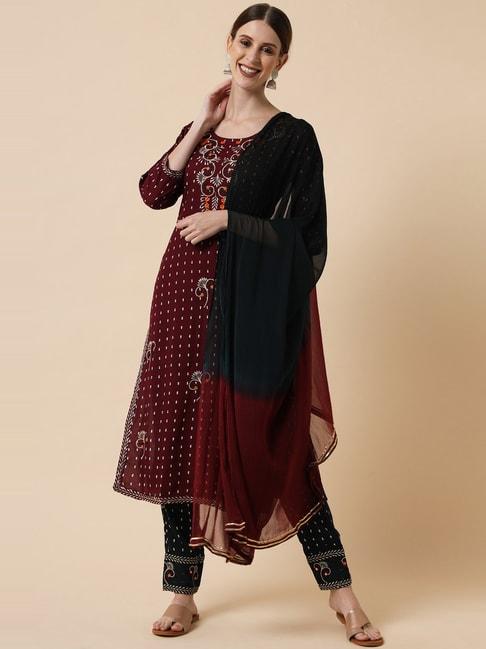 meeranshi-maroon-&-black-embroidered-kurta-pant-set-with-dupatta