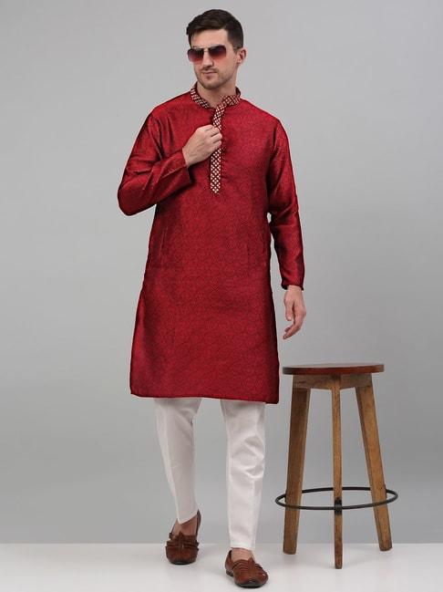 jompers-maroon-&-white-regular-fit-embroidered-kurta-bottom-set
