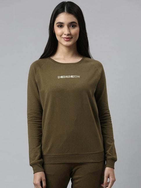 enamor-olive-green-cotton-graphic-print-sweatshirt