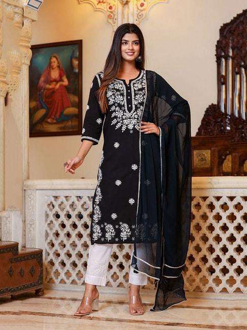 kaajh-black-&-white-embroidered-kurta-with-pant-&-dupatta