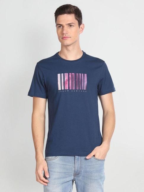 arrow-new-york-blue-cotton-regular-fit-printed-t-shirt