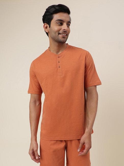 fabindia-orange-comfort-fit-henley-t-shirt
