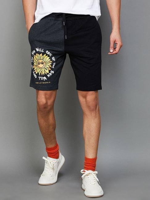 smileyworld-black-cotton-regular-fit-printed-shorts