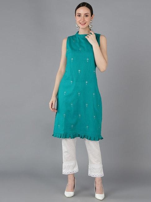 vaamsi-teal-blue-cotton-embellished-straight-kurti
