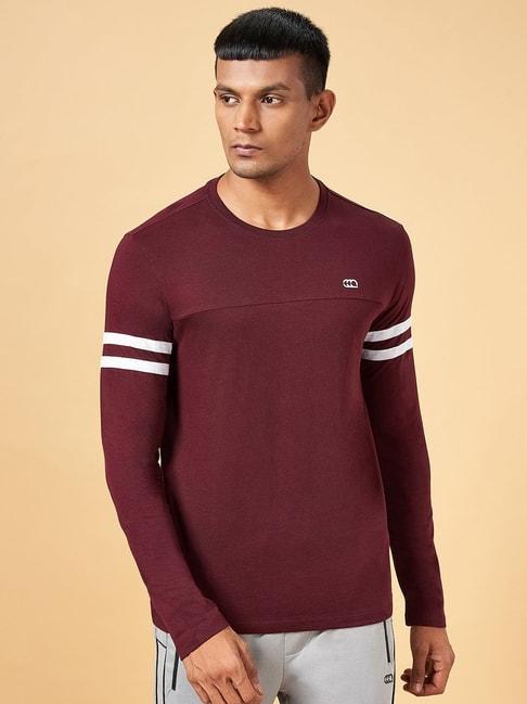 ajile-by-pantaloons-wine-cotton-slim-fit-striped-t-shirt