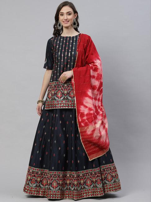 shubhkala-navy-&-red-embroidered-lehenga-and-choli-set-with-dupatta