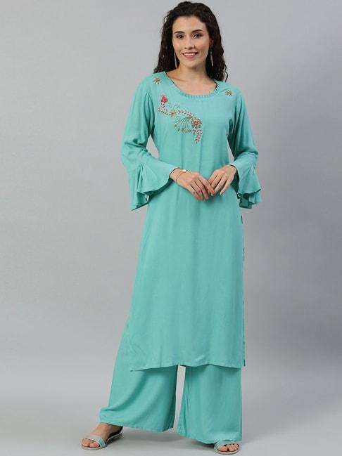 blissta-turquoise-embroidered-kurta-palazzo-set