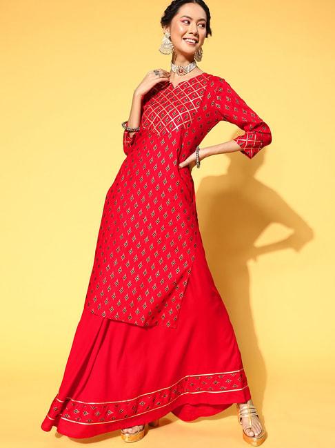 blissta-red-printed-kurta-skirt-set
