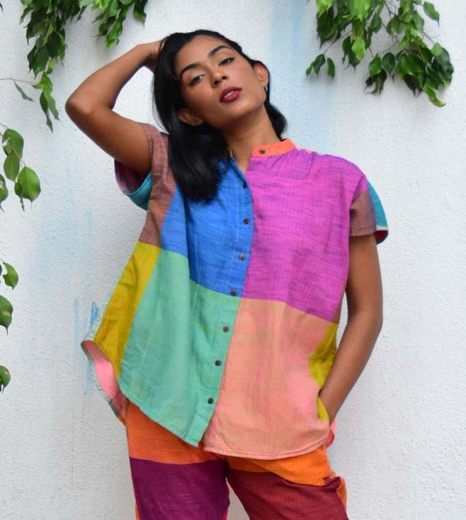 chidiyaa-multi-rainbow-cafe-beachside-bliss-handwoven-cotton-shirt