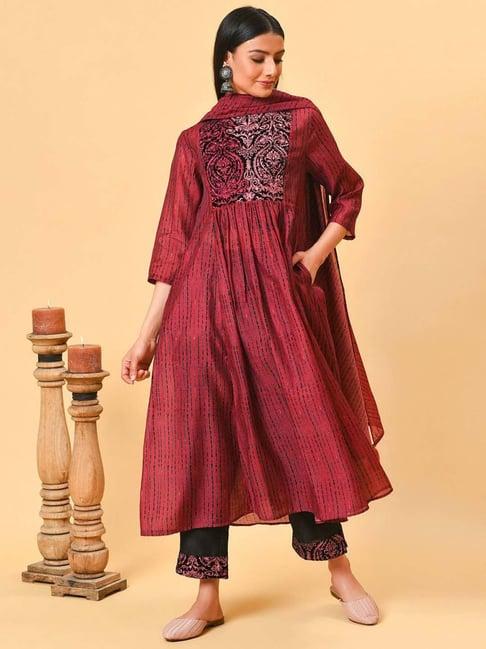 nuhh-maroon-embroidered-shibori-kurta-with-pant-&-dupatta