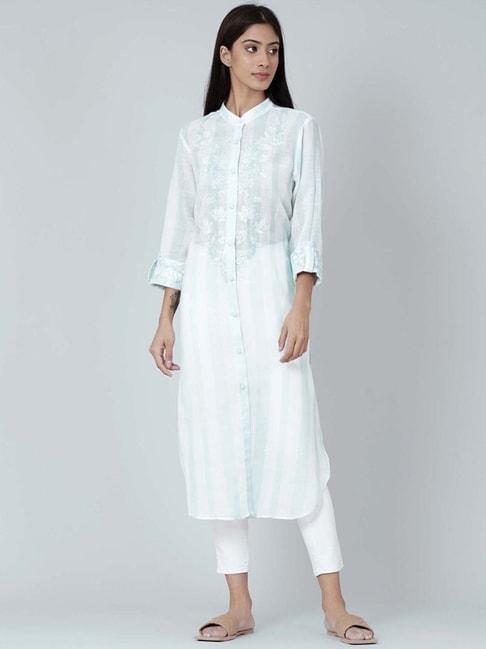 first-resort-by-ramola-bachchan-white-&-green-embroidered-shirt-style-kurti