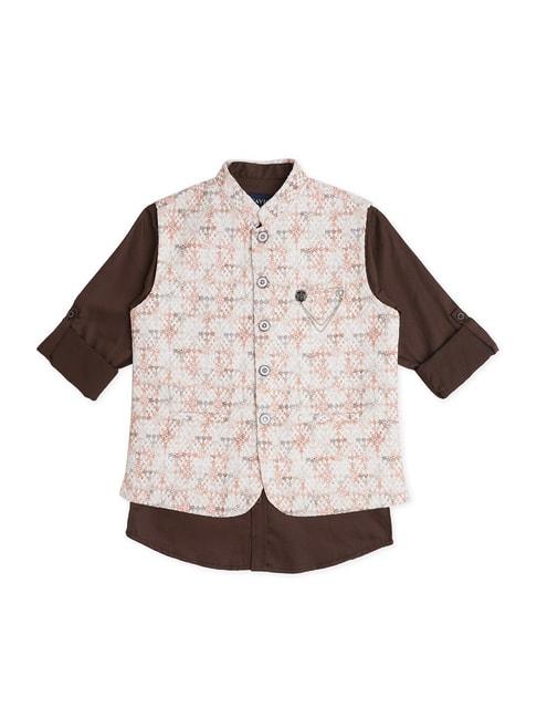 cavio-kids-white-&-brown-printed-full-sleeves-nehru-jacket-with-shirt