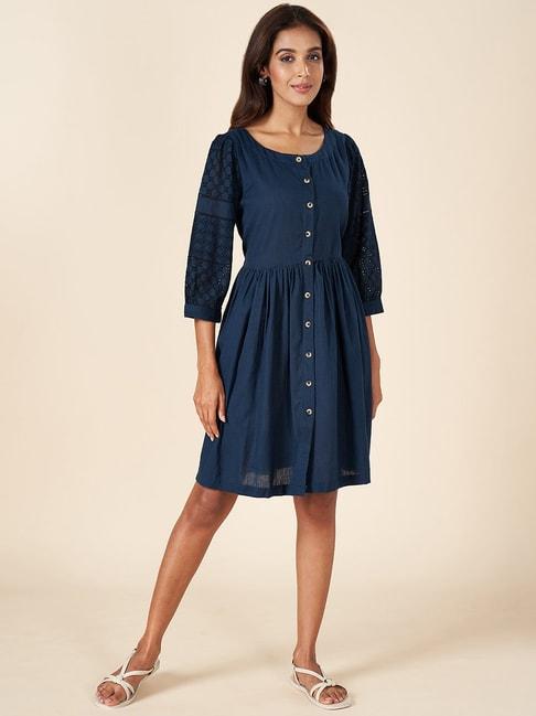 akkriti-by-pantaloons-navy-cotton-self-pattern-a-line-dress
