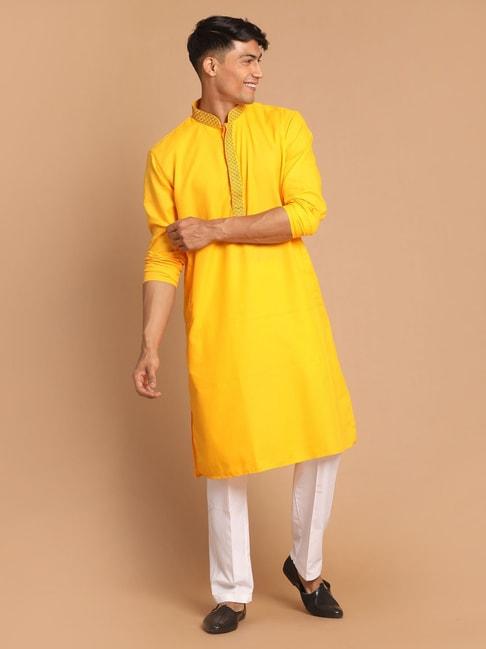 vastramay-yellow-&-white-regular-fit-embroidered-kurta-&-pants-set
