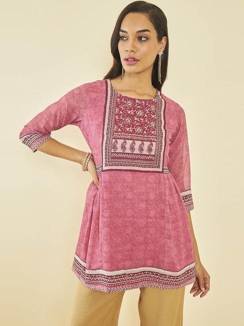 soch-coral-georgette-floral-print-round-neck-tunic-with-beadwork