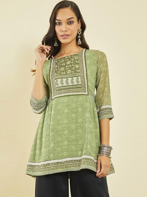 soch-sap-green-georgette-floral-print-round-neck-tunic-with-beadwork