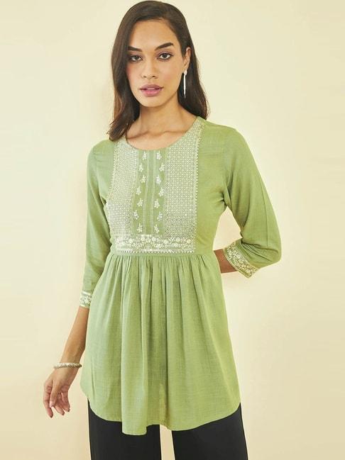 soch-green-rayon-slub-floral-embroidered-tunic-with-sequin-embellishments