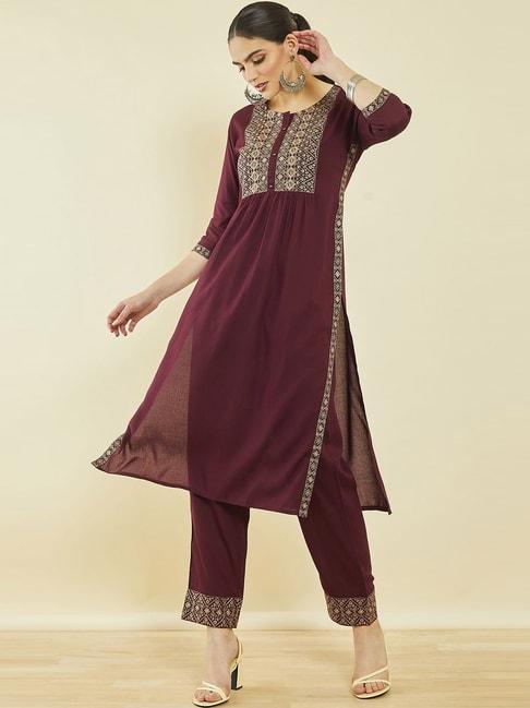 soch-maroon-embroidered-kurta-pant-set