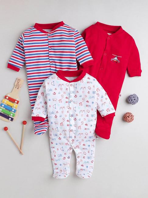 bumzee-kids-red-&-white-printed-full-sleeves-sleepsuits-(pack-of-3)